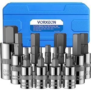 VORXEON Set Chiavi a Bussola 13PCS Professionali in Acciaio CR-V/S2, Testa Esagonale 2-14mm per Chiavi Dinamometriche 1/4''-3/8''-1/2''. Ideali per Riparazioni Auto e Moto, Robuste e di Precisione
