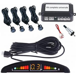 TEMPO DI SALDI Kit di 4 Sensori Parcheggio Auto Universali con Display LED, Segnalatore Acustico, Centralina e Punta a Tazza Inclusa - Sensori di Parcheggio Posteriori verniciabili