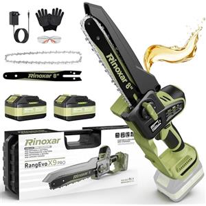 RINOXAR Motosega a Batteria 8 Pollici, Motosega Elettrica con 2×5200 mAh Batterie, Motore Brushless, Lubrificazione Automatica, Tensionamento Catena Senza Attrezzi, Sega per Potatura Legno e Rami