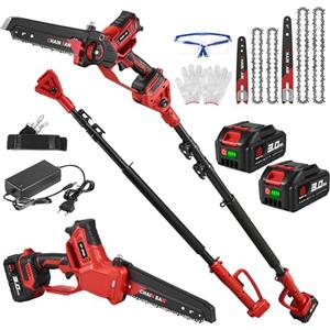 ONEVAN Motosega 4 in 1 a batteria alta, senza spazzole da 8" e 6", con asta telescopica da 2,5 m, 10 m/S, sega da 700 W, testa girevole a 180°, batterie da 3,0 Ah, sega a mano per giardino, cura degli