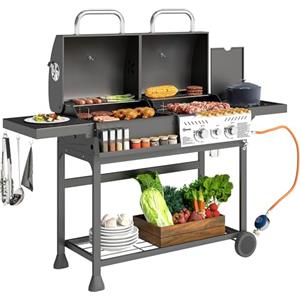 Outsunny Barbecue a Carbone e Gas in Acciaio, BBQ a Gas 2+1 Bruciatori da 7kW con Coperchio, Termometro, Ruote, Ripiani Laterali e Inferiore, Vaschetta Raccogli Grasso, Regolatore e Tubo, Nero