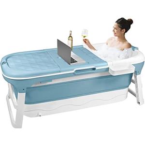 UISEBRT Vasca da bagno pieghevole per adulti XXL, vasca da bagno pieghevole 148 x 62 x 53 cm, vasca da bagno pieghevole portatile con copertura rimovibile, portasapone, rulli massaggianti, per bagno