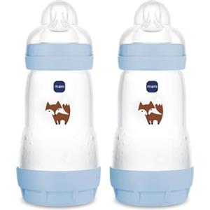 MAM Biberon Easy Start 260 ml (Set da 2), Kit da 2 biberon anticolica per allattamento misto, Riduce le bolle d'aria e il rischio di coliche, Accessori neonati 2+ mesi con tettarella misura 2, Azzurro