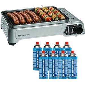 Kemper - Barbecue a gas portatile da 1900 W, griglia anti aderenza + 8 cartucce gas butano - Piccolo barbecue a gas ideale per campeggio, terrazza, esterno