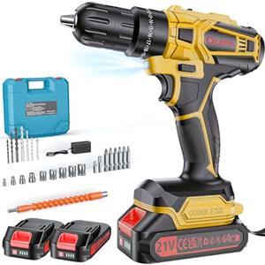 Olubfdh Trapano Avvitatore Batteria 21V, con 2×2000mAh Batterie, coppia 45 Nm max, 25 + 3 livelli di coppia (2 marce e LED) per casa e giardino fai da te (Giallo)