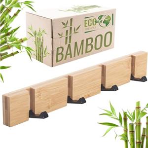 RICOO Appendiabiti da Parete in Bambus MH023M-N Attaccapanni da Muro Moderno con 4 Ganci Ripiegabili Appendino da Muro Design Elegante per Ingresso Cucina Camera 2x40x5,5cm Colore naturale