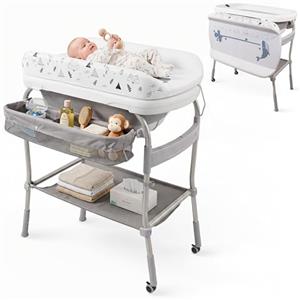 Mobiclinic®, Fasciatoio con vaschetta bagnetto 2 in 1, Trendy, Regolabile 4 altezze, Termometro, Ruote freno, Cestini portaoggetti, Fino a 50 kg, Tubo di drenaggio, 0-36 mesi