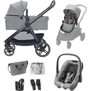 Maxi-Cosi Maxi Cosi Zelia Select+, Passeggino Trio Con Seggiolino Auto, 0-4 anni (0-22 kg), Passeggino Neonato Con Chiusura Compatta a Una Mano, Navicella Reversibile, Seggiolino Auto CabrioFix S i-Size, Grigio