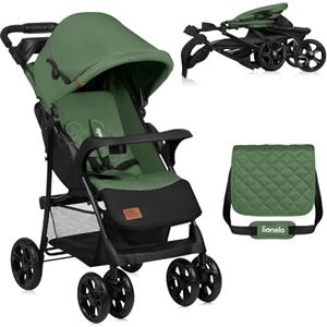 Lionelo Emma Plus Passeggino Leggero e Pieghevole da 6 Mesi a 15kg Schienale regolabile alla posizione sdraiata, Cinture a 5-punti Ammortizzatori, Cappotina XXL Vassoio portabibite Borsa (EMERALD)