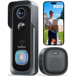 BOIFUN Videocitofono Wifi 2K UHD Campanello Senza Fili da Esterno con Suoneria e Allarme Immediato, 166°Angolo Visuale, Rilevamento Umano PIR, Audio Bidirezionale, Batteria ricaricabile, IP65, 2.4Ghz