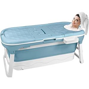 UISEBRT Vasca da Bagno Pieghevole XL per Adulti 128 x 62 x 53 cm, Portatile con Copertura Rimovibile, Cestino per Sapone, Rullo Massaggiante, Idea per Piccolo Bagno, Blu