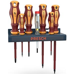 Presch set da 7 cacciaviti VDE da elettricista - Set di giravite isolati con cercafase e supporto da parete