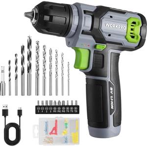 WORKPRO Trapano Avvitatore a Batteria 8V, Cacciavite a Batteria Verde Grigio, Accessori 53 Pezzi, con Mandrino da 10 Mm, Luce LED, Cavo di Ricarica di Tipo C, per Riparazioni Domestiche Fai-Da-Te