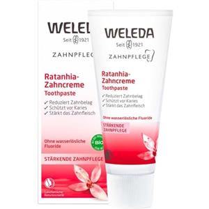Weleda Dentifricio Ratania, dentifricio senza fluoro al gusto menta, con estratti di mirra e radice di ratania, efficacia contro la placca clinicamente testata (1x75 ml)