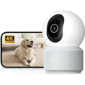 Anona Pano 4K Telecamera WIFI Interno, 8MP Videocamera Sorveglianza Animali/Cane/Bambino, 360° PTZ, Wi-Fi 6 2,4/5G, Auto-Tracking, Rilevamento AI Persone/Animali/Pianto, Privacy, Audio Bidirezionale