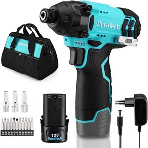 DURATECH Avvitatore a impulsi 12 V, 100 Nm, 0-2400 giri/min, 1/4″, 11 bit, 3 bussole, LED, velocità variabile, batteria 2000 mAh, caricabatterie e borsa inclusi