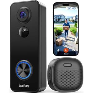 BOIFUN 2K Videocitofono Wifi Senza Fili da Esterno Campanello con Suoneria, 180° Vista Panoramica, Rilevamento Umano Intelligente AI, Audio Bidirezionale, IP65, Alexa Compatibile, 2.4GHz