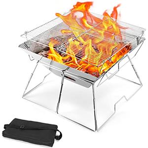 Odoland Griglia Barbecue Portatile a Legna e a Carbonella 43x43x31 cm, Fornello a Legna Resistente con Borsa per Trasporto per Balcone Giardino Campeggio Spiaggia Viaggio