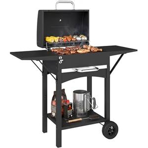 Outsunny Barbecue Carbonella Carrello con 2 Ripiani Laterali, Barbecue Portatile Affumicatore con Termometro, Griglia, Coperchio, Ruote Manico Acciaio Inox, BBQ Carbonella per Giardino Campeggio, Nero