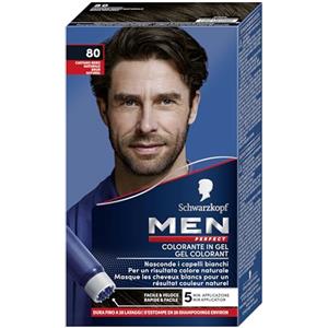 Men Perfect Schwarzkopf, Men Perfect, Tinta per Capelli, in Gel, Copertura dei Capelli Bianchi per Uomo, Risultato Effetto Naturale, Dura Fino a 28 Shampoo, Tonalità 80 Castano Nero Naturale
