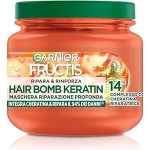Garnier Fructis, Maschera Rimpolpante, Per Tutti i Capelli Danneggiati, Riparazione Profonda, Per Capelli Più Forti, Con Olio di Marula e Cheratina, Hair Bomb Keratin, Ripara&Rinforza, 320 ml