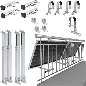 NuaSol - Supporto per centrale elettrica da balcone per ringhiera 2 pannelli solari e un inverter fotovoltaico | rotondo | Set | angolo di inclinazione 0° e 25-45° | diametro fino a 80 mm, argento