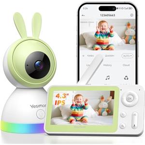 YESIMOM Baby Monitor WiFi 4,3", 360°PTZ Telecamera Bambini con Monitor Videocamera Neonato con IPS Schermo 2500mAh e Luce Notturna, Controllo da APP Mobile e Monitor, Visione Notturna, Ninne Nanne