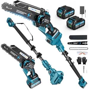 RINOXAR 2-in-1 Mini Motosega a Batteria con Asta Telescopica, 8 Pollici Motosega Telescopica Senza Spazzole con 2x4000mAh Batterie, Altezza Di Lavoro 4m
