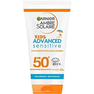 Garnier Ambre Solaire, Advanced Sensitive Kids Latte Protettivo Ultra-Leggero. Protezione molto alta per la pelle sensibile dei bambini, SPF50+, 50ml
