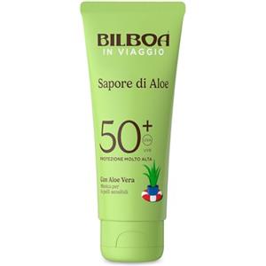 Bilboa, Sapore di Aloe, Crema Solare SPF 50+ da Viaggio, con Profumo di Aloe Vera, Ideale per Pelli Sensibili, Texture Fresca e Leggera, Resistente all'Acqua, Formato Viaggio, 75 ml