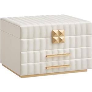 SONGMICS HOME ANAH Collezione - Scatola Portagioie 3 Ripiani con Specchio, Porta Gioielli, 2 Cassetti, PU con Cucitura, Effetto Fluttuante, 21,5 x 24 x 15,8 cm, Idea Regalo, Bianco Nuvola JBC183W01