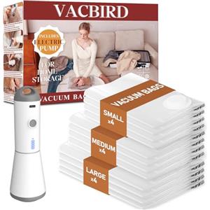 Vacbird Sacchetti Sottovuoto Vestiti con Pompa Sottovuoto Senza Fili, 12 Pezzi (4 Grandi, 4 Medi, 4 Piccoli), Riutilizzabile Buste Sottovuoto Vestiti per Piumini, Cuscini, Maglioni
