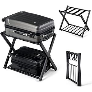 RELAX4LIFE Portavaligie Pieghevole, Robusto Portabagagli Multiuso con 2 Ripiani, 68 x 43 x 56 cm, Cavalletto Reggivaligie Salvaspazio con Scarpiera per Casa e Hotel, Portata 80 kg,Nero