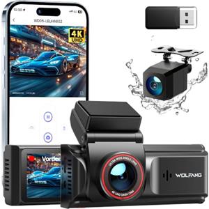 WOLFANG Dash Cam Auto 4K, Doppia Telecamera WiFi per Auto, Schermo da 3", Super Dashcam con Visione Notturna, Monitor di Parcheggio, Sensore G, 170° Grandangolo, WDR