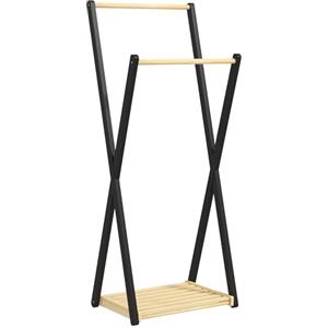 HOMCOM Appendiabiti da Terra in Legno di Pino con 2 Barre, Attaccapanni da Terra Autoportante Moderno con Ripiano Inferiore, 61x45x152cm, Legno Naturale