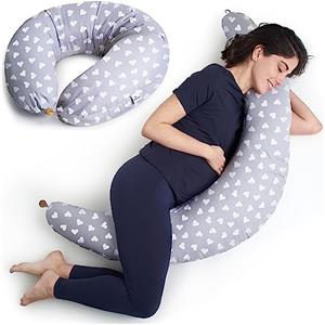 Niimo Cuscino Gravidanza per Dormire e Allattamento Neonato Sfoderabile Multifunzionale Riduttore Lettino Federa 100% Cotone (Grigio Cuori Bianchi)
