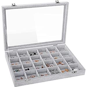 Emibele Ripiano Gioielli 24 Scomparti, Portagioie con Imbotittura in Veluto, Accessori Gioielleria, Porta Gioielli Donna Espositore Orecchini Portagioie per Gioielli collane Orologi Orecchini- Grigio