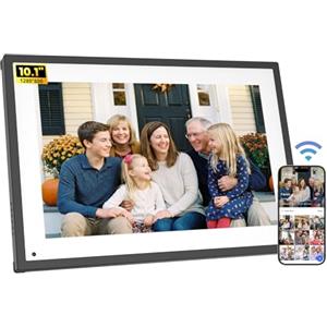 NEWYES Cornice digitale Wi-Fi da 10,1 pollici, multifunzione, smart cornice, touch screen, HD 1280 x 800 IPS con app, memoria da 32 GB, calendario digitale, bianco