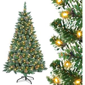 UISEBRT Albero di Natale artificiale con illuminazione a LED, 240 cm, con ghirlanda luminosa e supporto, decorazione natalizia in PVC verde con effetto neve e pigne