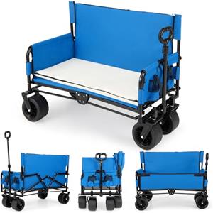 COSTWAY 2 in 1 Carrello Pieghevole con Panca, Carrello Trasportabile con Maniglia Regolabile, Cuscini Morbidi e Ruote, Carrello da Giardino in 600D Oxford, 80 kg, 85 L, per Campeggio e Spiaggia (Blu)