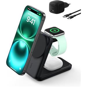 Belkin UltraCharge Caricatore Wireless Magnetico Qi2, Stazione di Ricarica 3 in 1 25W, Caricatore Compatibile con MagSafe per iPhone 16, Apple Watch, AirPods, Pixelsnap con Adattatore 45W, Nero