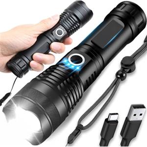Retoo Torcia a LED estremamente luminosa, 5000 lumen, zoomabile, con 5 modalità, torcia tattica, portata 1500 m, ricaricabile, USB C, alimentata a batteria/batteria, impermeabile, per attività