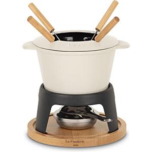 La Fonderie 1890 Set per fonduta in ghisa per 4 Persone Mont Joly, per fondute di Formaggio e Cioccolato, Coperchio antischizzi, 4 forchette con Manici in Legno di faggio, capacità 1,2 L, Beige