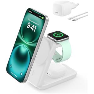 Belkin UltraCharge Caricatore Wireless Magnetico Qi2, Stazione di Ricarica 3 in 1 25W, Caricatore Compatibile con MagSafe per iPhone 16, Apple Watch, AirPods, Pixelsnap con Adattatore 45W, Bianco