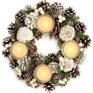 COM-FOUR® Ghirlanda da tavola per Natale - ghirlanda dell'Avvento bianca con coni - ghirlanda decorativa con 4 portacandeline - ghirlanda natalizia (Corona dell'Avvento L)