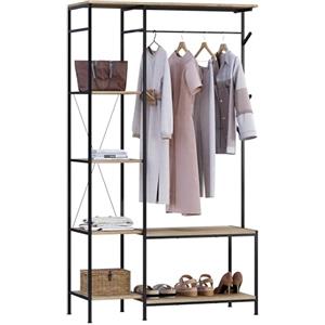 eSituro Stand Appendiabiti con Panca, Porta Abiti da Camera 3 in 1 con 4 Ripiani, 4 Ganci, 1 Asta Appendiabiti, per Corridoio, Ufficio, Camera da Letto, 100x40x175cm, Rovere Chiaro+Nero
