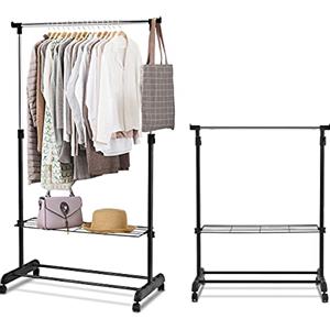 RELAX4LIFE Stand Appendiabiti con Ruote, Appendiabiti da Terra Regolabile in Altezza con Asta Estensibile e Doppio Ripiano, 4 Ruote Girevoli (2 con Freni), in Acciaio per Balcone (84×42×92-168cm)