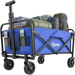Outsunny Carrello da Giardino da 62L con Ruote Girevoli, Carrello Spiaggia Pieghevole in Metallo e Tessuto Oxford con Borsa e Maniglia Girevole e Regolabile, 76x48x86 cm, Blu