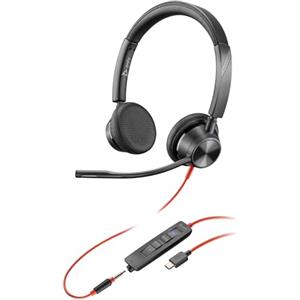 PLT Poly Blackwire 3325, Cuffia Cablata con Connessione USB-A, USB-C, AUX 3,5 mm, Cuscinetti in Similpelle, Riduzione del Rumore e dell'Eco, Comandi sul Cavo, Compatibile con Windows 10 e macOS, Nero
