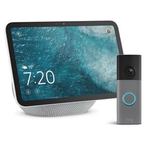 Amazon Echo Show 8 (ultimo modello), Bianco ghiaccio + Ring Videocitofono a batteria (ultimo modello), vedi i visitatori sul tuo Echo Show, con Accesso Anticipato ad Alexa+